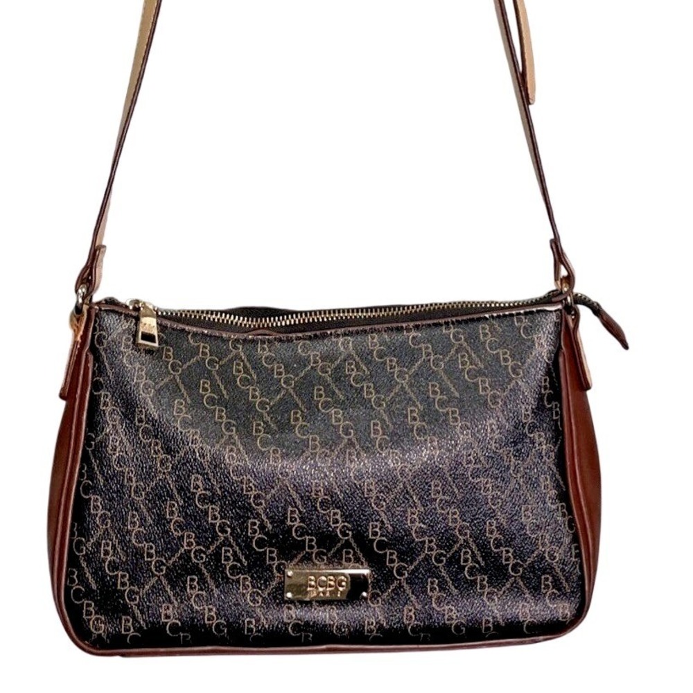 BCBG Womens Crossbody Bag Monogram Logo Black Tan Adjustable Strap‎ Designer Y2K
